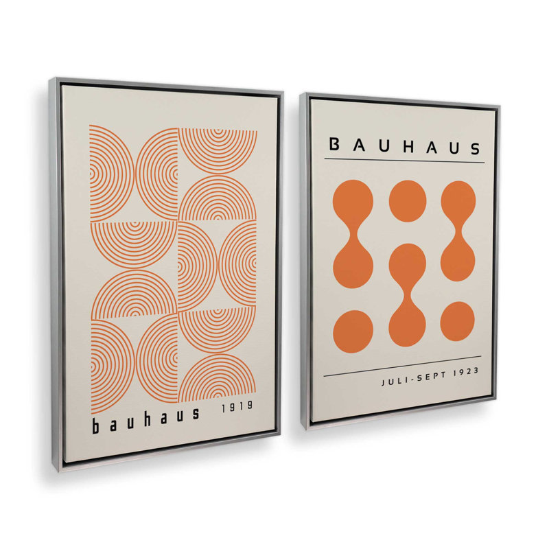 Bauhaus Flow and Composition in Orange Set of 2, Polished Chrome Floater Framed, 49" H x 66" W