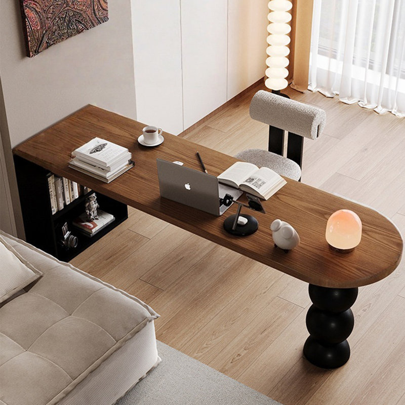 Bureau brun en demi-cercle en bois massif, 29.53"H × 62.99"L × 23.62"W