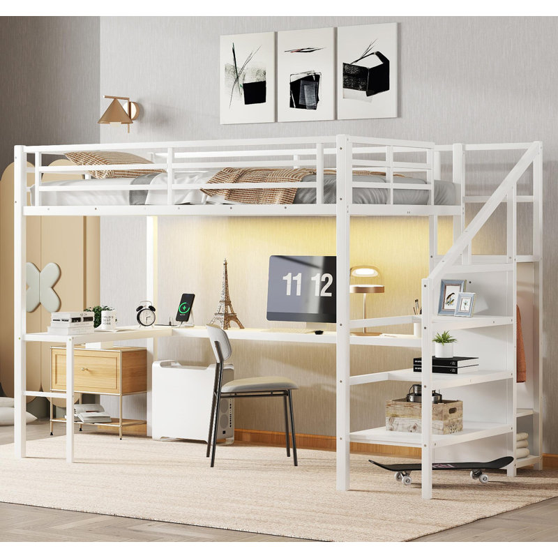 Metal Loft Bed with Desk & USB,LED lights, White, Twin XL