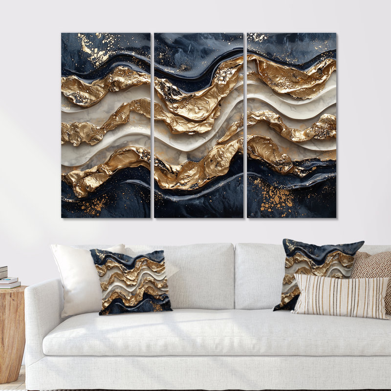 Éclipse dorée sur des vagues dansantes de marbre IV - réalisme abstrait, art mural - ensemble de 3, H 28 po x l 36 po