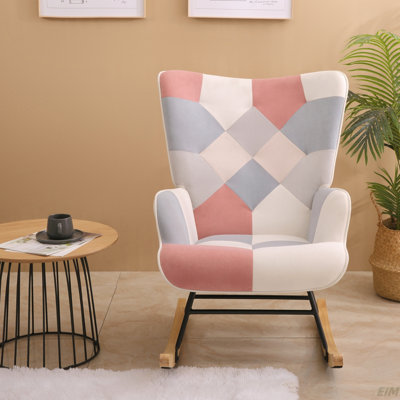 Chaise berçante d'appoint, chaise berçante en tissu Mid-Century avec pieds en bois et lin patchwork pour le salon