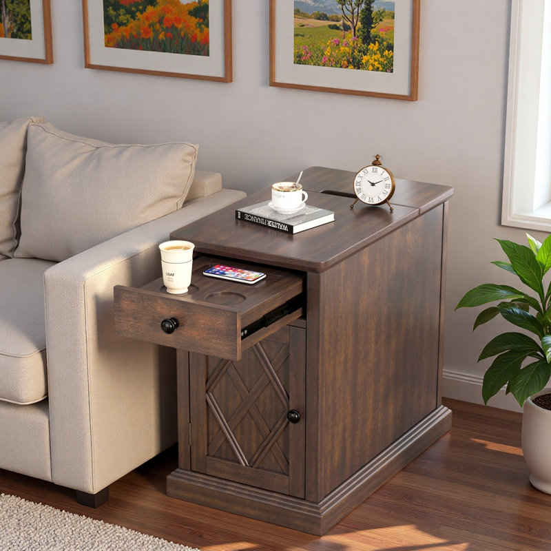 Classic End Table With Usb Ports, Drawer And Spacious Cabinet, Antique Brown