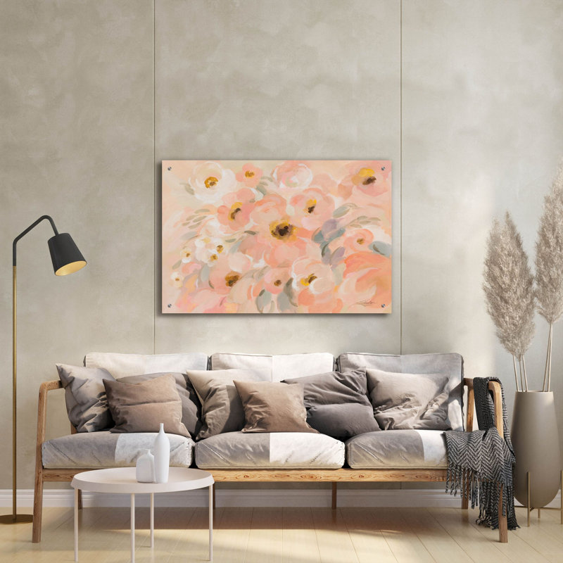 «Peach Pink Floral» par Silvia Vassileva, art mural en verre acrylique, H 24 po x l 36 po