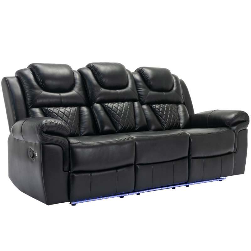 Home Theater Seating Manual Recliner Chair With Center Console And LED Light Strip For Living Room, Black Faux Leather