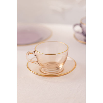 Elegant 4-Piece Tea Cup Set, Salmon Color | 100% Glass, 4.6 x 4.6 x 2.5 inches Cups (2) & 3.6 x 3.6 x 2.5 inches Saucers (2) | Perfect for Tea Lovers, Hand Wash Recommended for Longevity, Stylish & Functional Design