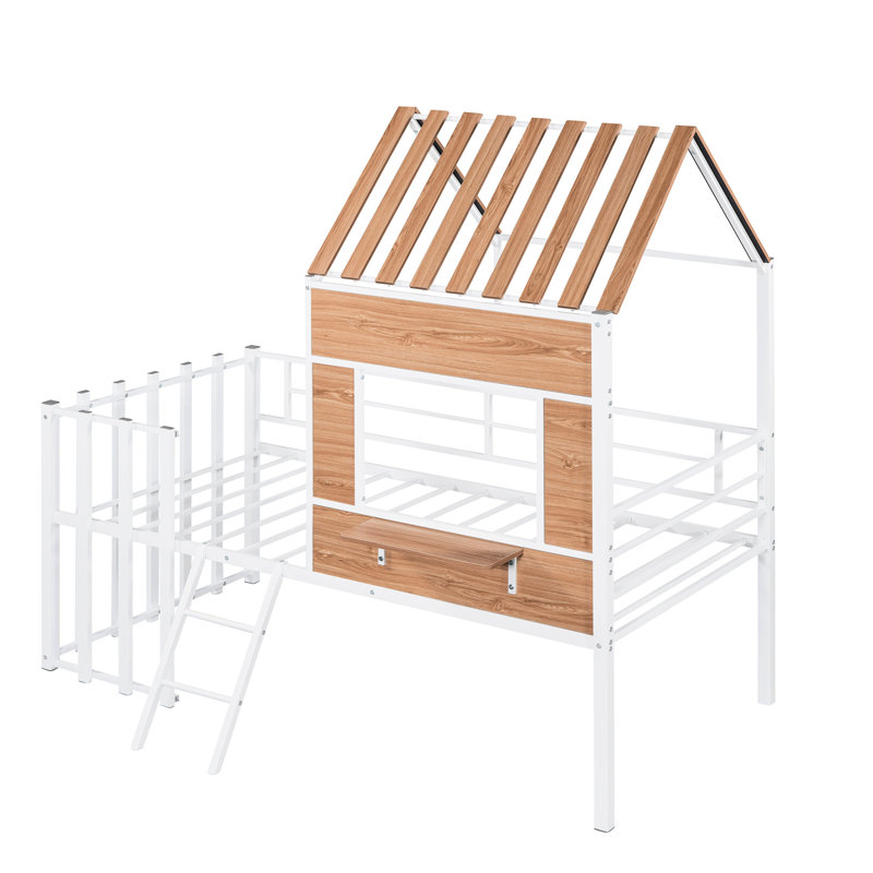 Lit mezzanine simple en métal blanc avec. Structure stable, capacité de 300 lb. Maison en forme de maison pour le plaisir. Barrières de sécurité. L 78,1 po x l 41 po x H 76,5 po. Lit requis pour l'assemblage, blanc. Toit à portique élevé et fenêtre. Semi-fermé