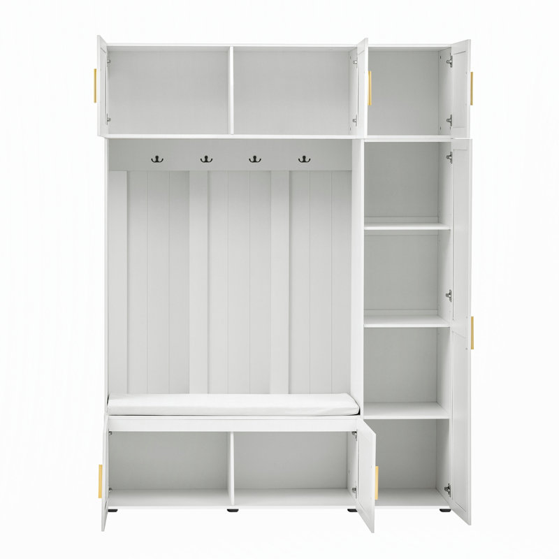 Arbre d'entrée 4 en 1 de style américain avec banc rembourré et tablettes, Blanc ancien