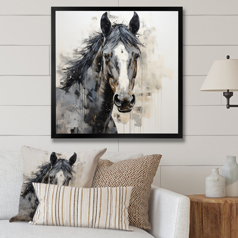 Cheval gris, ton sobre pointillisme I - impression, H 16 po x l 16 po x P 1 po, Cadre photo noir