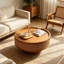 Table basse ronde en noyer brun avec couvercle amovible et compartiment caché pour les salons Boho Farmhouse