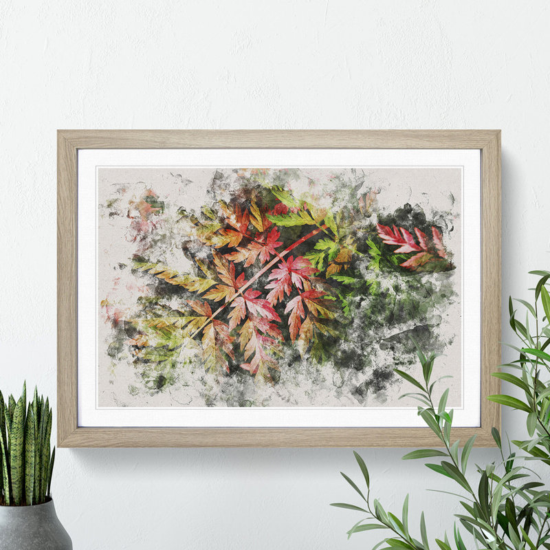 Fern Leaves Vol.2 Watercolour - Picture Frame Graphic Art, Oak, 65cm H x 90cm W x 2cm D