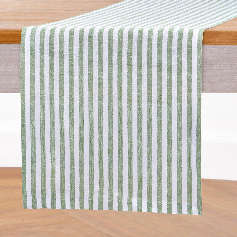 Amalfi Stripe - 100% Pure Linen Table Runner, Green/White, 144" x 14"