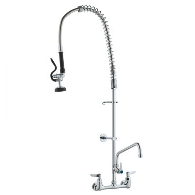 Commercial Faucet with Pre-Rinse Sprayer, 8" Center, 12" Swing Spout, Wall Mount Kitchen Sink Faucet, Brass Constructed Device with Pull Down Spray, for 1/2/3 Compartment Sink