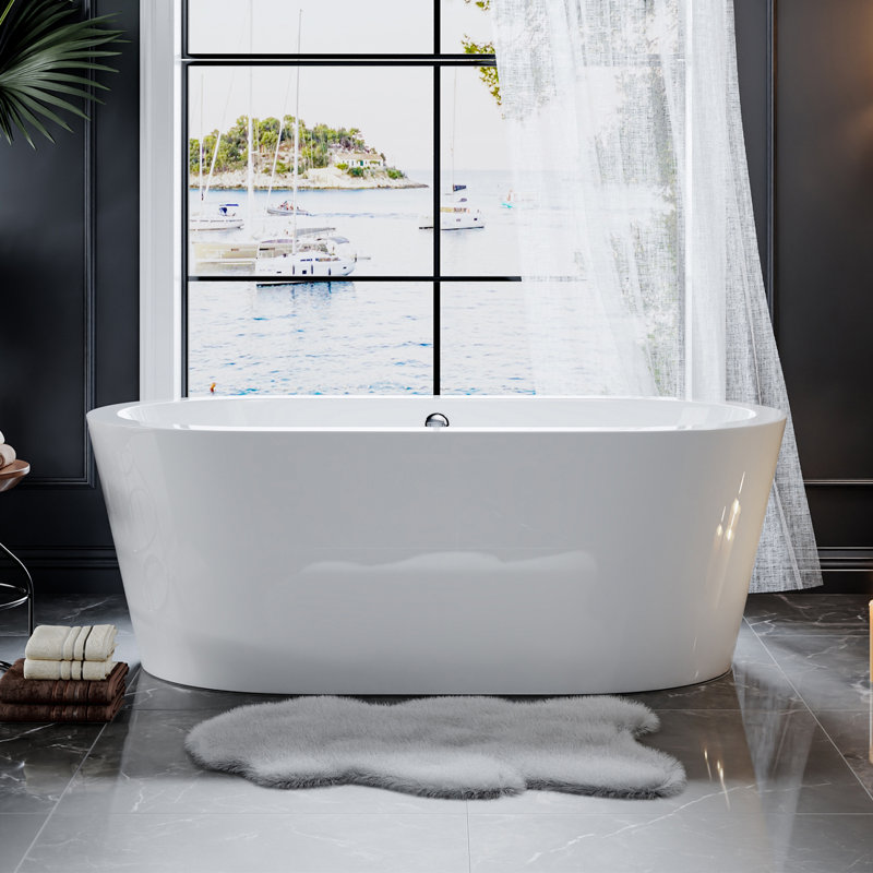 Empava 59 In. X 31.5 In. Freestanding Flat Bottom Bath Tub Oval Soaking Bathtub With Center Drain In White
