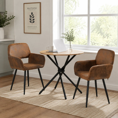 Ensemble de salle à manger 3 pièces en bois naturel avec 2 fauteuils rembourrés bruns pour petits espaces