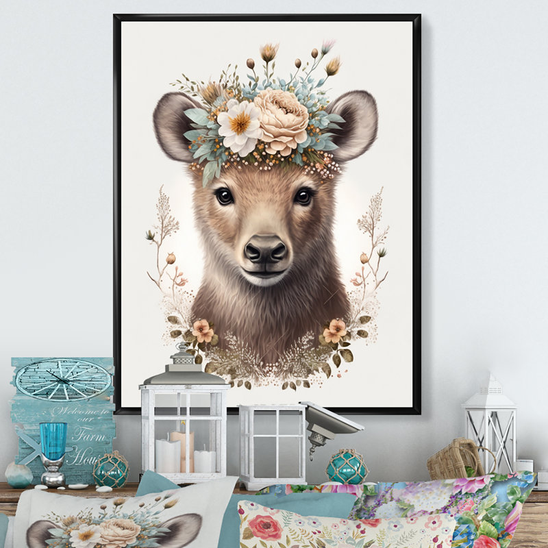 Mignon bébé ours avec couronne florale III - animaux, art mural sur toile, L 30 po x H 40 po, Cadre flottant noir
