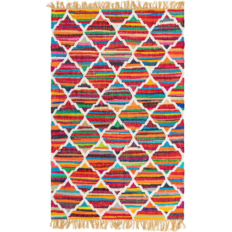 Tapis rouge / jaune / bleu en coton tissé à plat à la main Hancock, Rectangle 4 pi 1 po x 6 pi 1 po