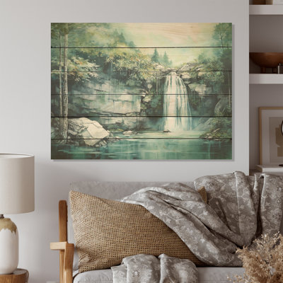Waterfall Cliff Scenery Magic - Waterfall Wood Panel Wall Art On Natural Pine Wood