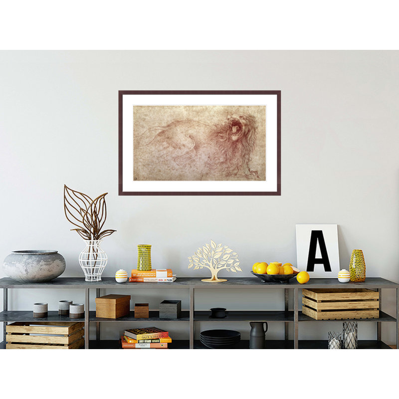 Esquisse d'un lion rugissant (craie rouge sur papier) par Leonardo Da Vinci, impression giclée encadrée