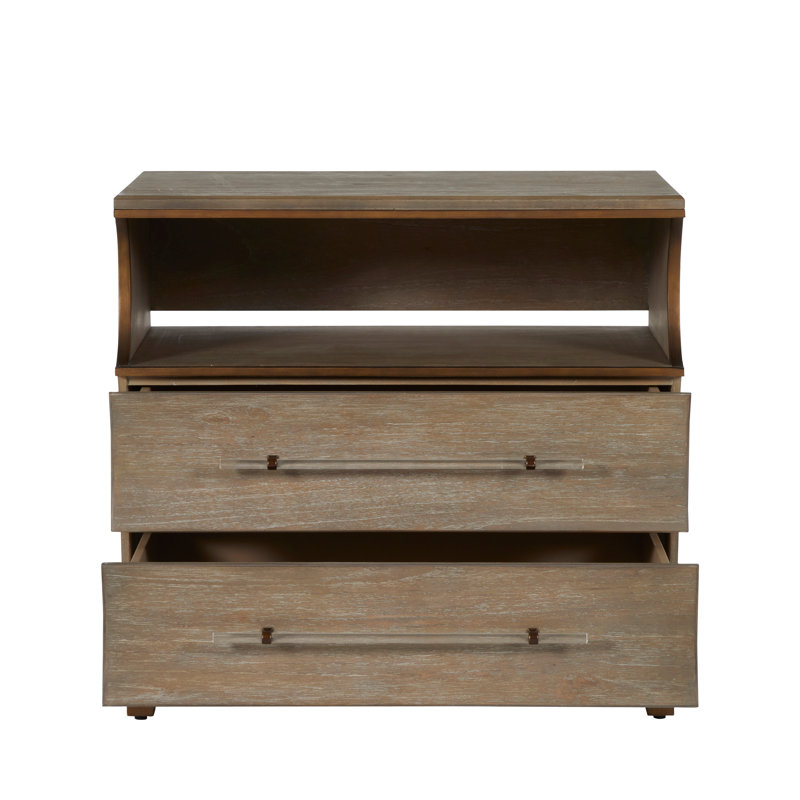 Evonne 2 - Drawer Solid Wood Nightstand in Cerused Natural Gray/Antique Bronze/Clear