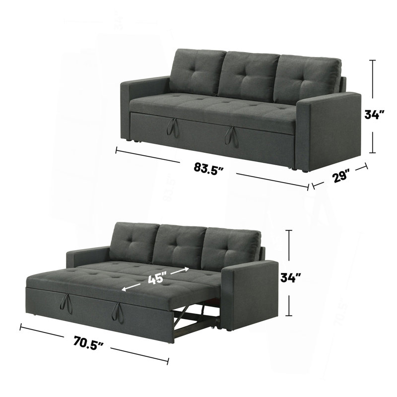 Canapé-lit rembourré en tissu avec coussins capitonnés, gris foncé