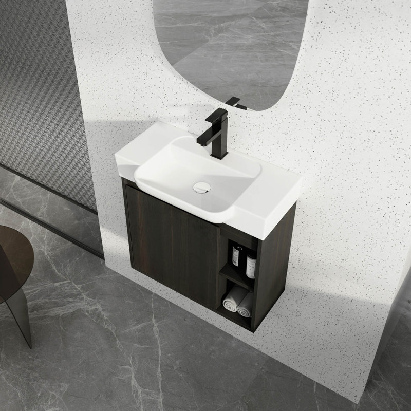 Meuble-lavabo mural 24 po avec lavabo en céramique blanche et porte à fermeture en douceur, emballage KD, Dark Oak