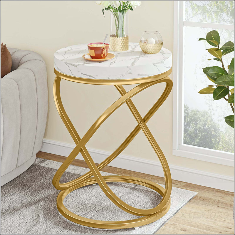 Table d'appoint ronde de 26 po avec plateau en faux marbre et structure dorée