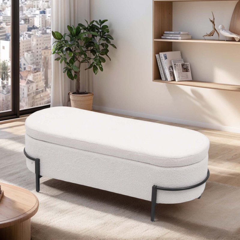 Banc de rangement à couvercle rabattable rembourré, Blanc, crème