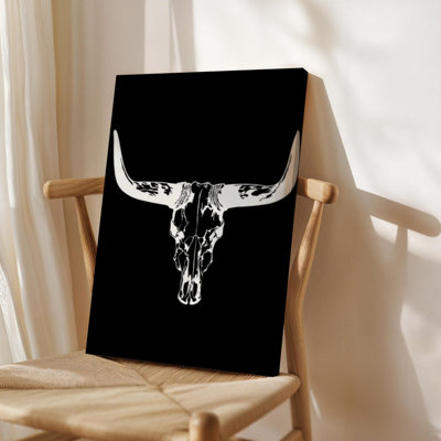 Framed Canvas Wall Art, Bull skull with long horns, detailed texture, High-contrast black and white art style. Wall Decor, Large Artwork for Living Room Bedroom, Ready to Hang, 24x36 Inch