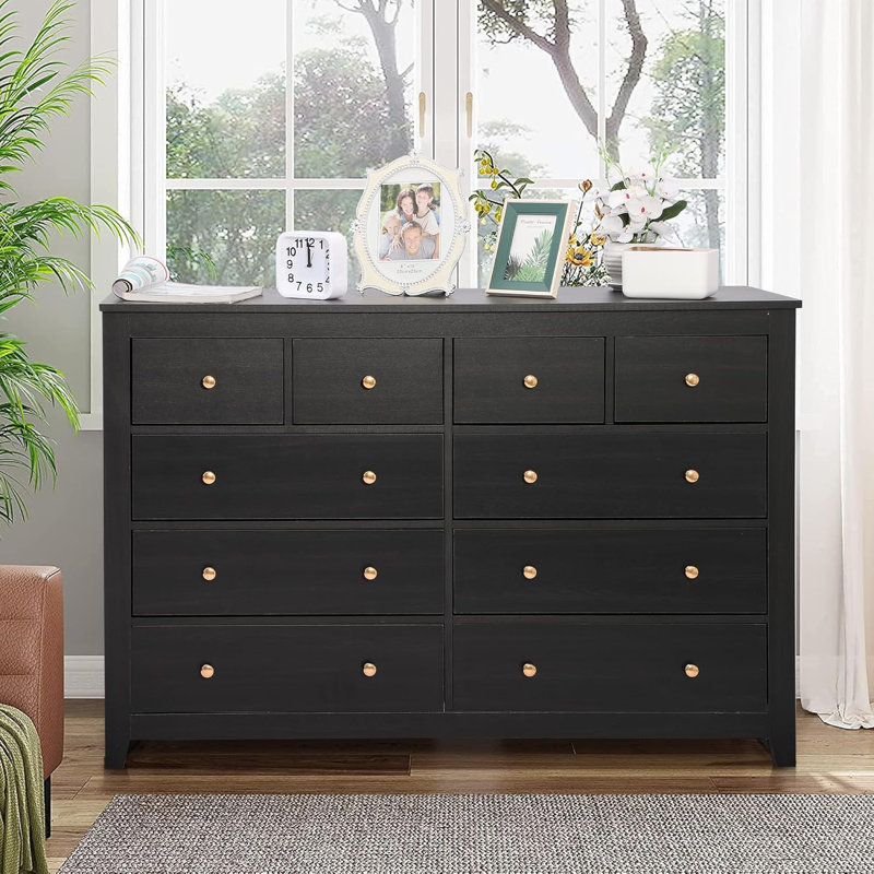 Commode 10 tiroirs pour chambre à coucher, commode 52 po avec tiroirs profonds, longue commode télé, commode de rangement moderne en bois