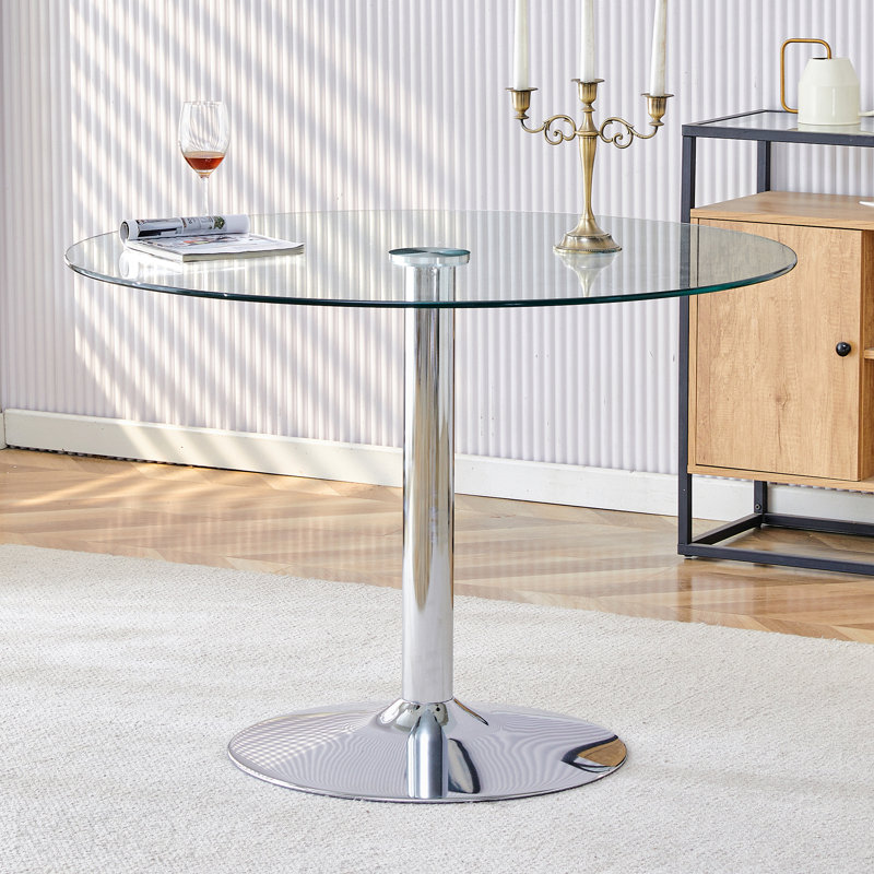 Table de salle à manger ronde 39,7 pouces avec plateau en verre et pieds en métal argenté