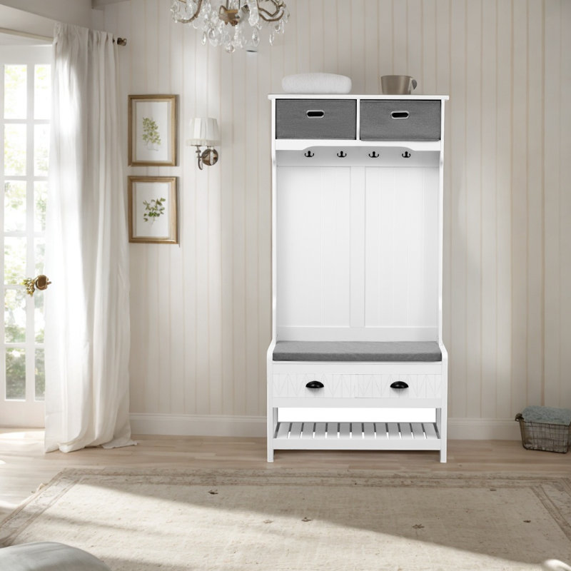 3-in-1 Multi-functional Hall Tree With Coat Rack, Storage Bench, And Shoe Cabinet For Entryway And Hallway, White