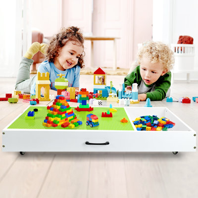 2 in 1 Kid Activity Table with Large Storage, Construction Play Table Compatible with Lego Building Block, Cars and Trains, Toy Organizer Game Table Store Under Bed or Sofa for Boys Girls