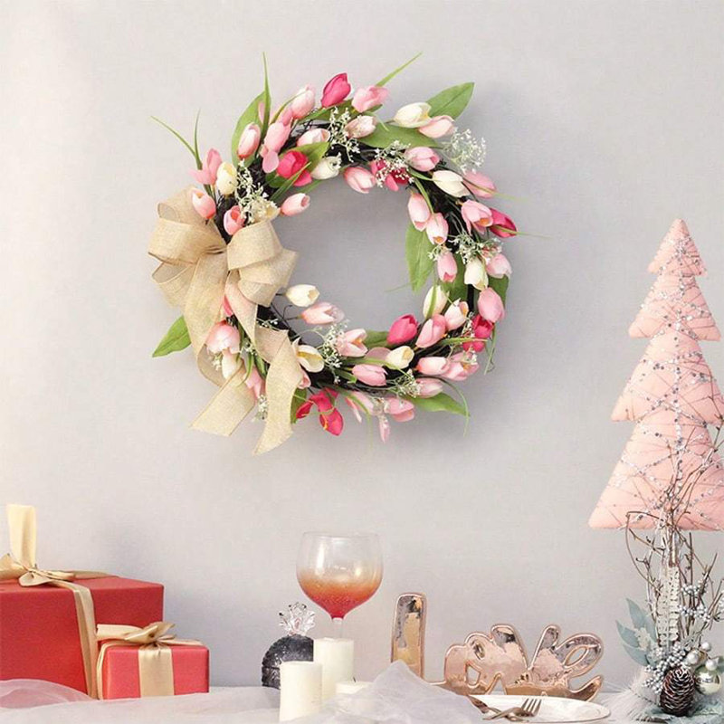 Couronne florale 18 pouces avec tulipes artificielles avec fausse tulipes et feuilles vibrantes