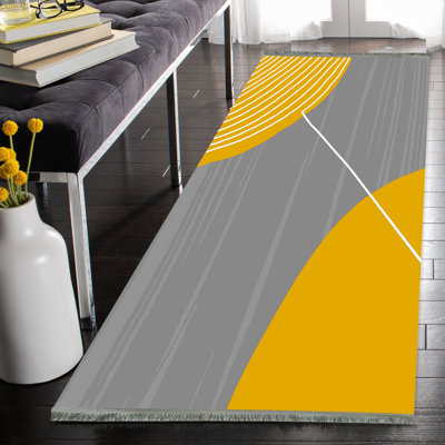 Tapis gris / jaune en polyester tissé à la machine Ashane