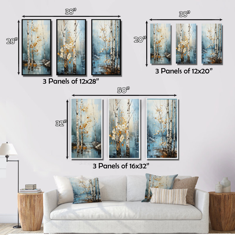«Birch Woods Winter Whispers», 3 pièces sur toile, Encadrement doré, H 28 po x l 36 po