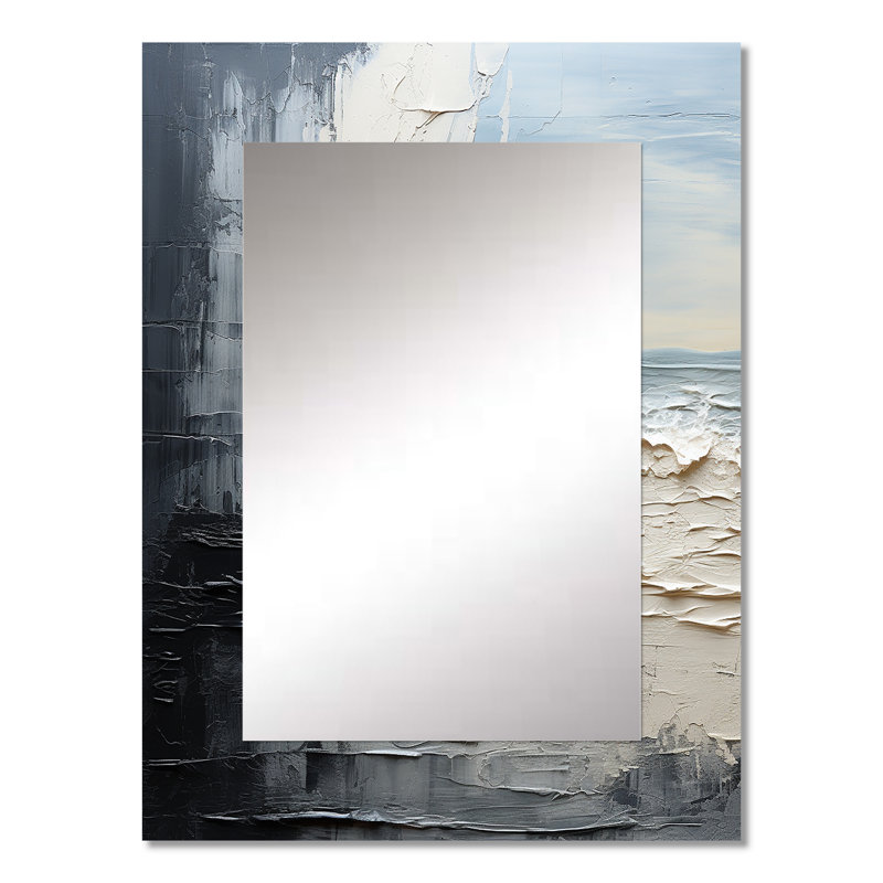 Abstrait crème et noir liquide, peinture II - miroir mural décoratif côtier, grand miroir crème, impression sur métal
