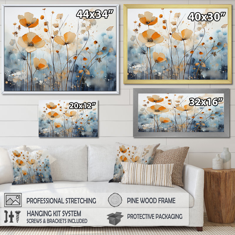 Art sur toile, "Orange Mute Botanicals II", H 12 po x l 20 po x P 1 po, Cadre simple noir