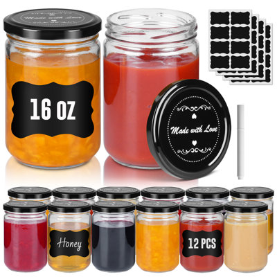 16 pots Mason de Soontrans, paquet de 12 bocaux en verre avec couvercle et pots à salade avec autocollants