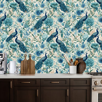 Papier peint adhésif à motif de paon rétro avec motif floral bleu et vert, papier autocollant amovible pour décoration de chambre à coucher, armoires de cuisine 17,7 po x 118 po