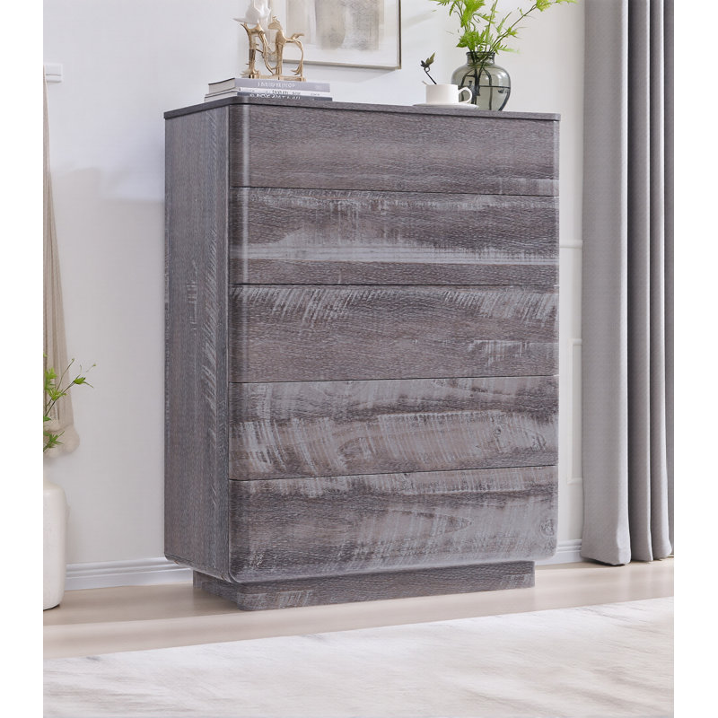  5 Drawer Modern Dresser, Wood Wide Chest of Drawers, Gray