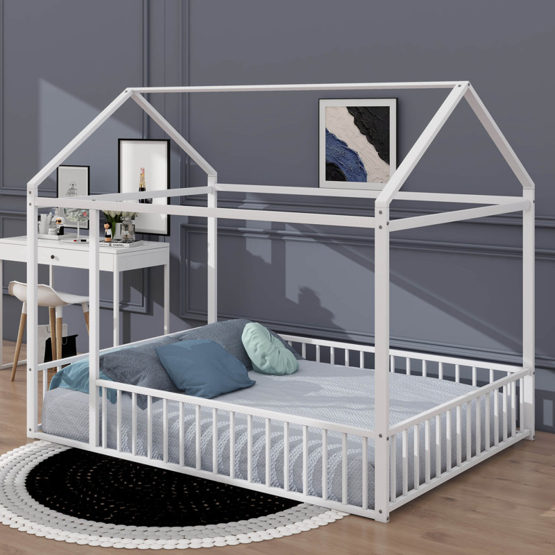 Full Size Metal House-Style Bed Frame, White