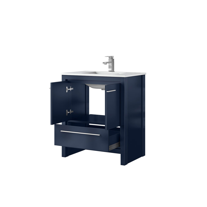 Meuble-lavabo bleu marine 30 po X P 20 po D, dessus en quartz blanc et robinet chromé, Chrome chrome