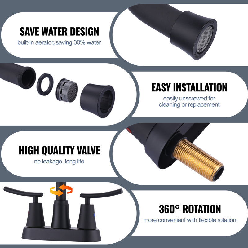 4 In. Centerset Double Handle Bathroom Faucet With Cupc Certified Supply Lines And Drain Kit Included, Matte Black