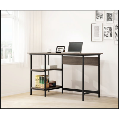 Weathered Gray Compact Desk with Open Design and Spacious Storage Shelves for Modern Home or Office