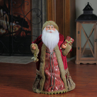 18" Gold and Burgundy Red Santa Claus Holding a Gift Box Tree Topper - Unlit