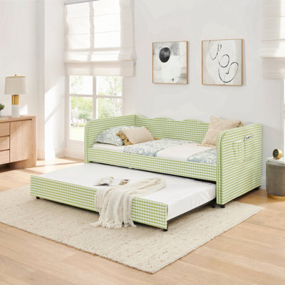 Lit de jour, canapé-lit convertible 3-en-1 polyvalent avec couchette coulissante et poches latérales Gingham