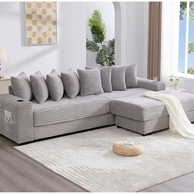 , 108.98", L Shaped, Corduroy Sectional , Movable Footstool, Upgraded Magazine Pockets, Throw Pillows, Bed Functionality Upgrade Arrived, Gray, Couch, Comfortable Seating Area