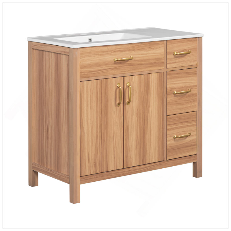 Meuble-lavabo en bois de qualité supérieure 36 po avec structure en bois massif, 2 portes à fermeture douce, 3 tiroirs à fermeture douce, tablette réglable, armoire de rangement moderne pour les petites salles de bain