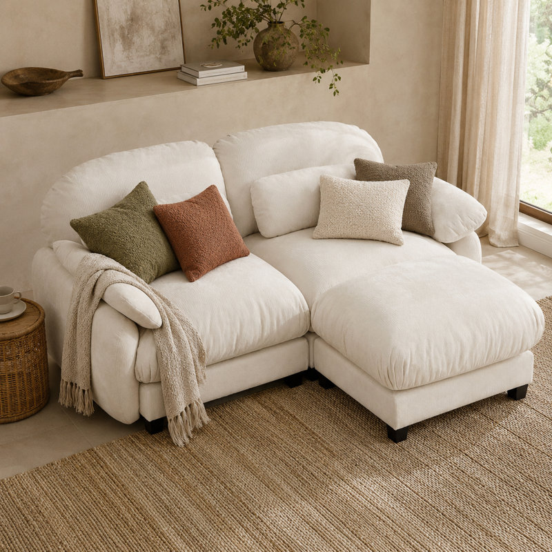 Canapé d'angle modulaire Elarquess Cloud pour 2 personnes avec pouf amovible, assise profonde en chenille, coussins en mousse haute densité et ressorts, 2 petits coussins lombaires