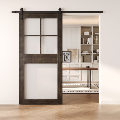 Porte de grange en verre givré non assemblée et non assemblée 50 po x 84 po à 5 lumières Homacer Ebony